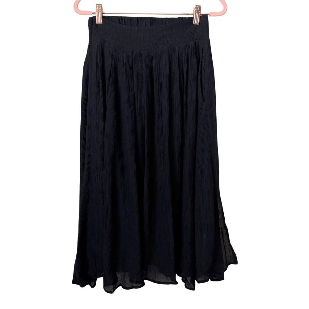 Halara Skirt XS Black Midi Crinkle Textured High Rise Waist Tie Pockets NEW